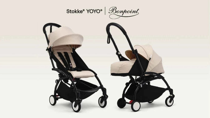 Two Stokke YOYO strollers on a white background with 'Stokke' and 'Bonpoint' branding.