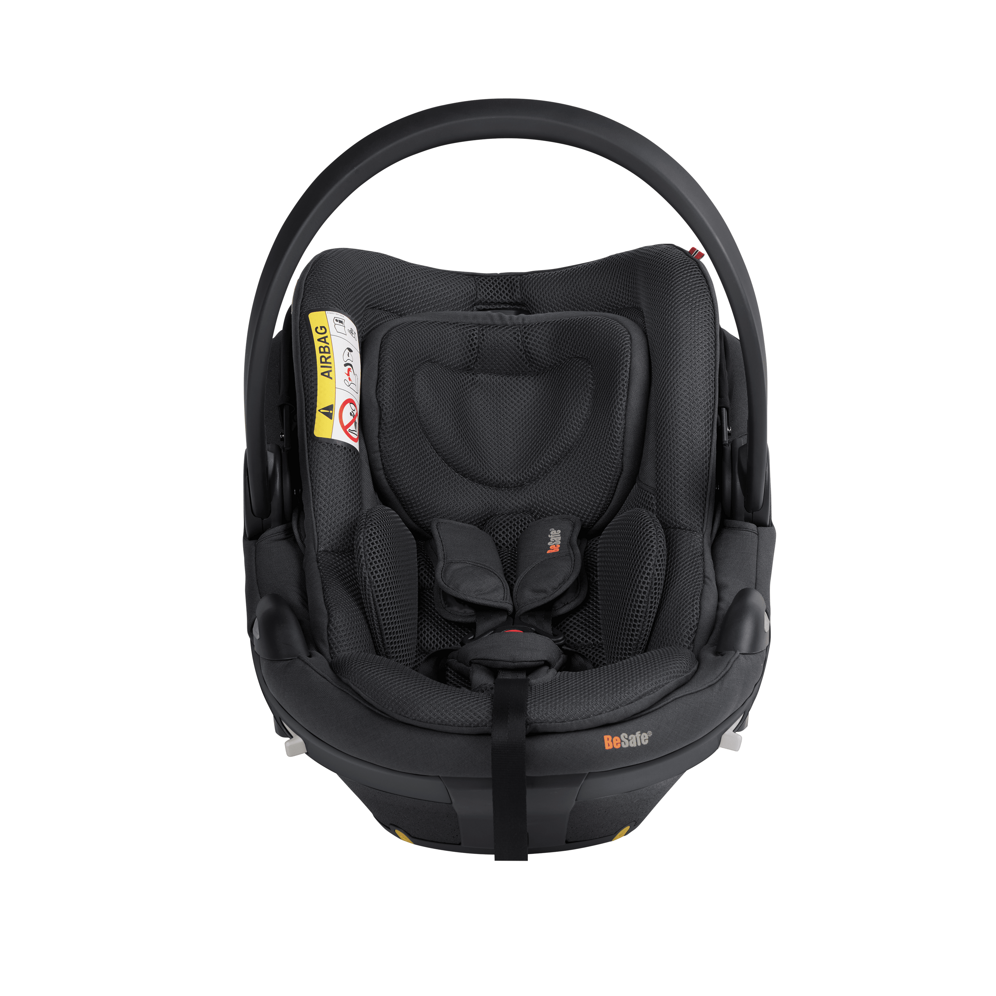 Black baby car seat with visible brand logo on a transparent background