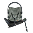 Rear view of BeSafe Beyond Isofix Base with support leg extended and cradling a BeSafe Go Beyond2 infant car seat in Meadow Green SoftBreeze fabric, available from Parent Studio