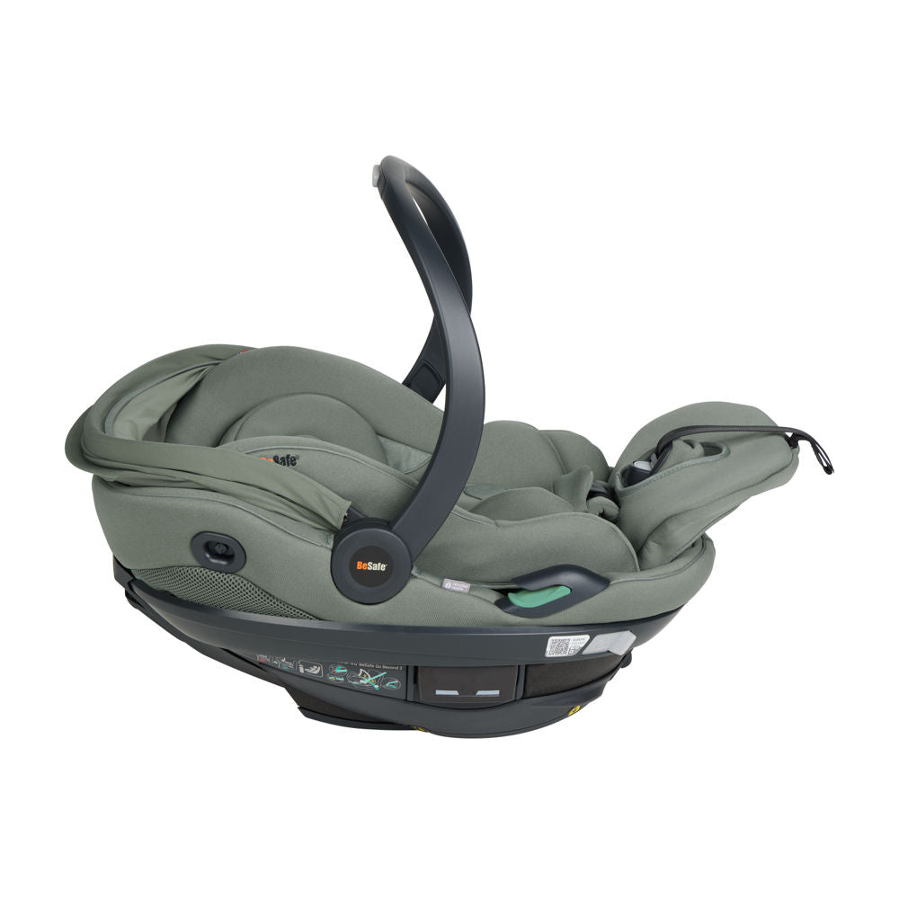 BeSafe Go Beyond2 in Active Lay Flat mode showing flat ergonomic sleep position in meadow green, available from Parent Studio UK