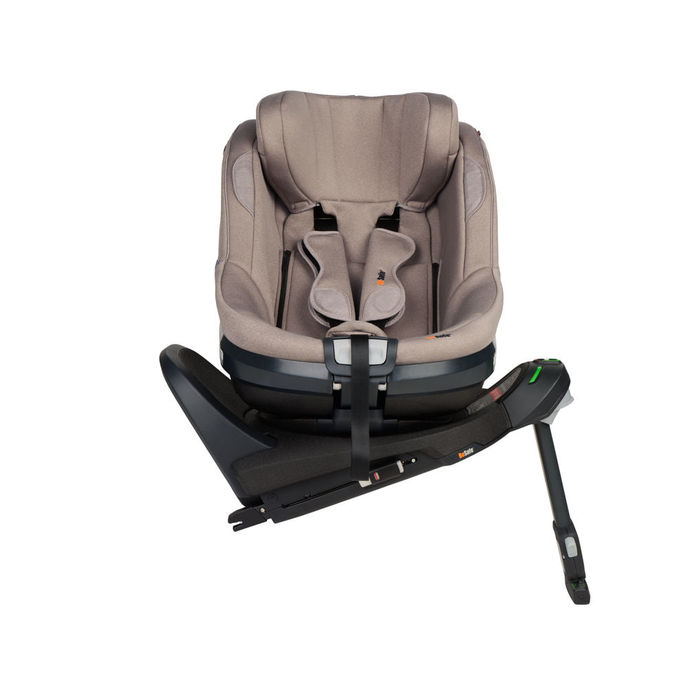 Door facing position of BeSafe Beyond2 toddler car seat in Dark Sand SoftBreeze attached to BeSafe Beyond ISOFIX base, available from Parent Studio