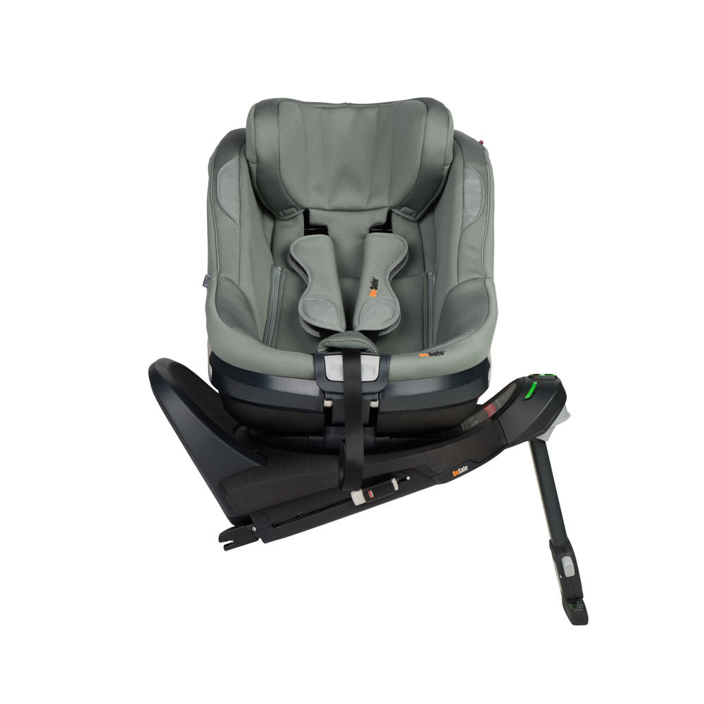 Rear view of BeSafe Beyond Isofix Base with support leg extended and cradling a BeSafe Beyond2 infant car seat in Meadow Green, available from Parent Studio