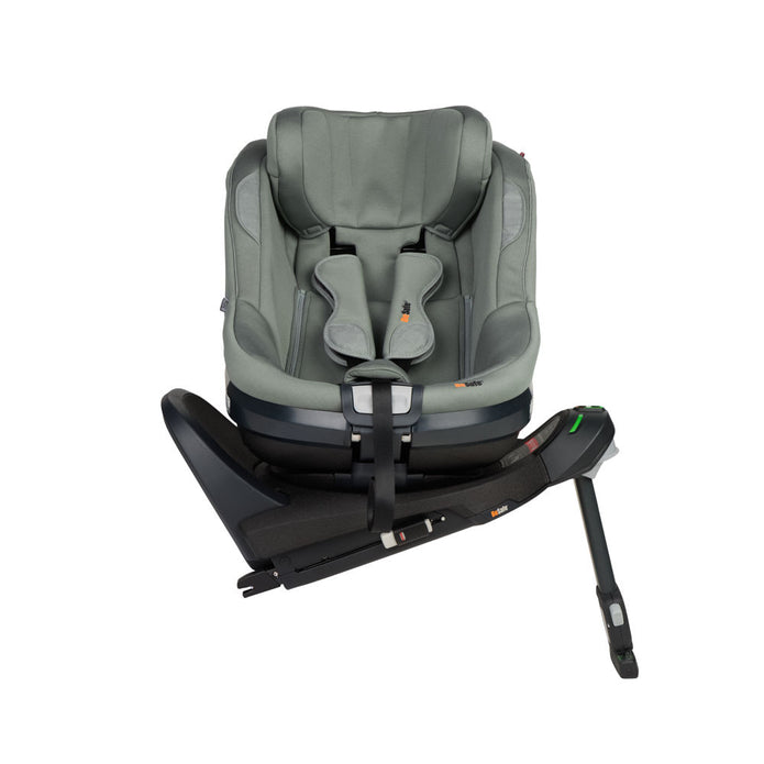 Rear view of BeSafe Beyond Isofix Base with support leg extended and cradling a BeSafe Beyond2 infant car seat in Meadow Green, available from Parent Studio
