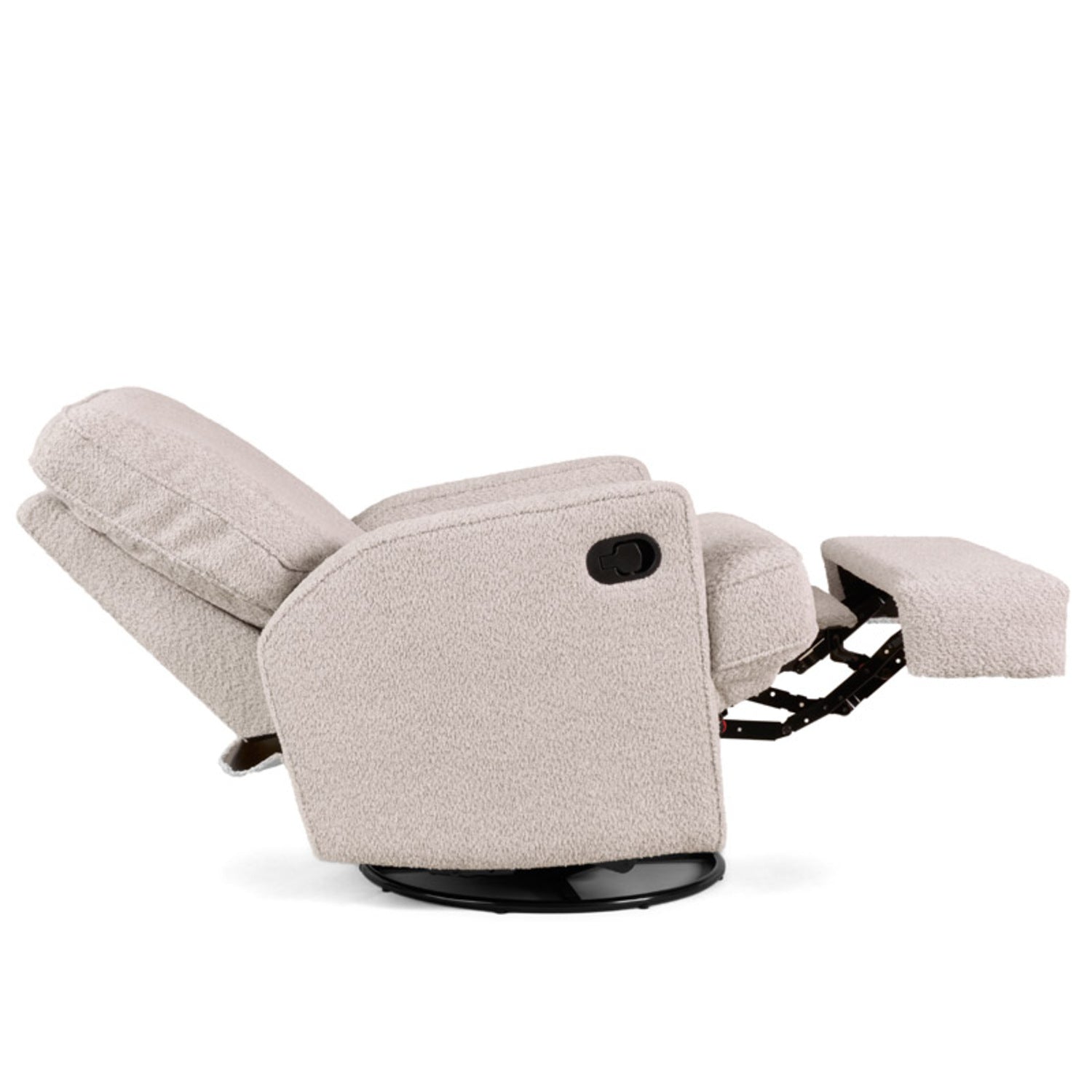 Obaby Madison Glider Recliner Chair in Chenille Marshmallow off-white shown in recline position - Available from Parent Studio