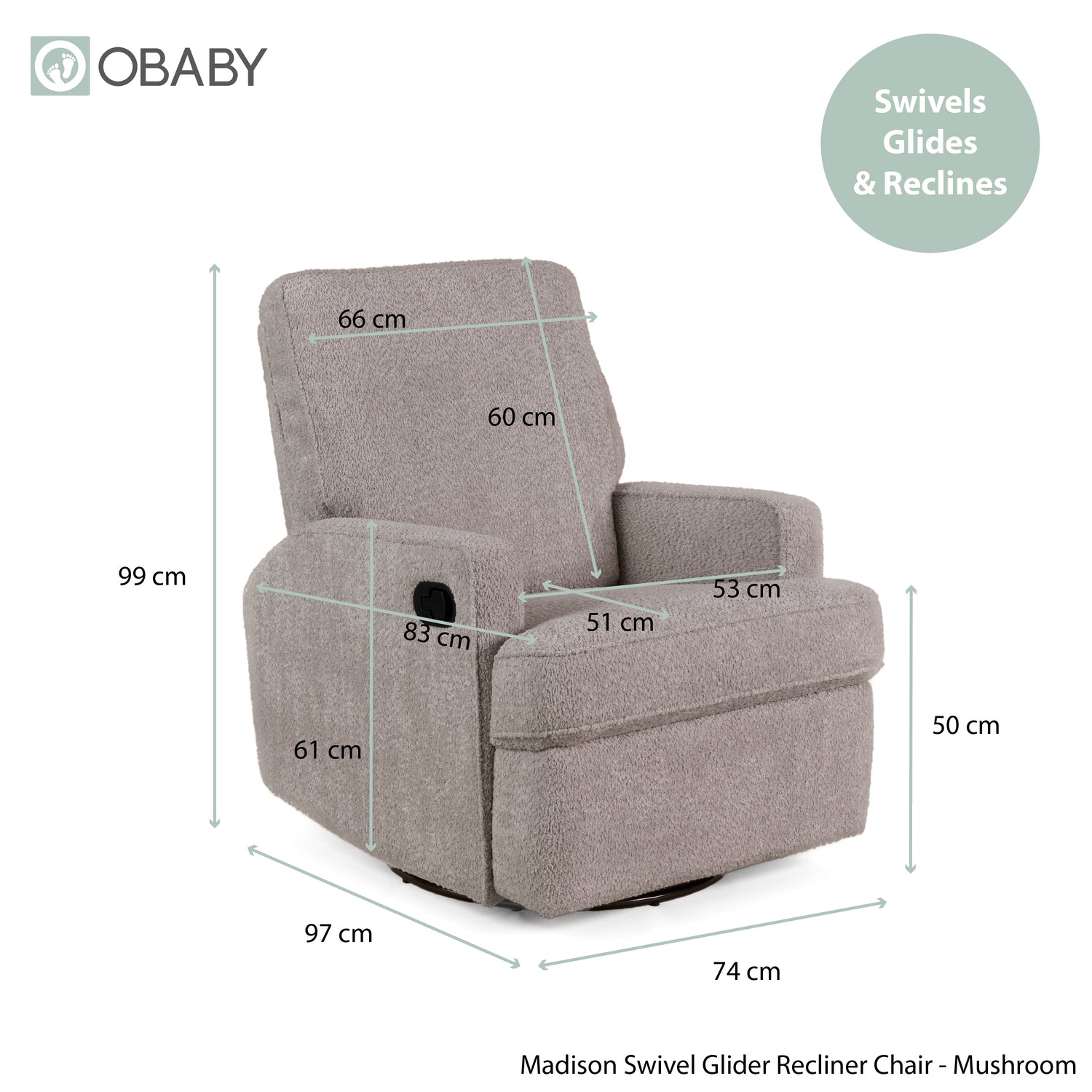 Obaby Madison Glider Recliner Chair in Chenille Mushroom neutral with dimensions - Available from Parent Studio