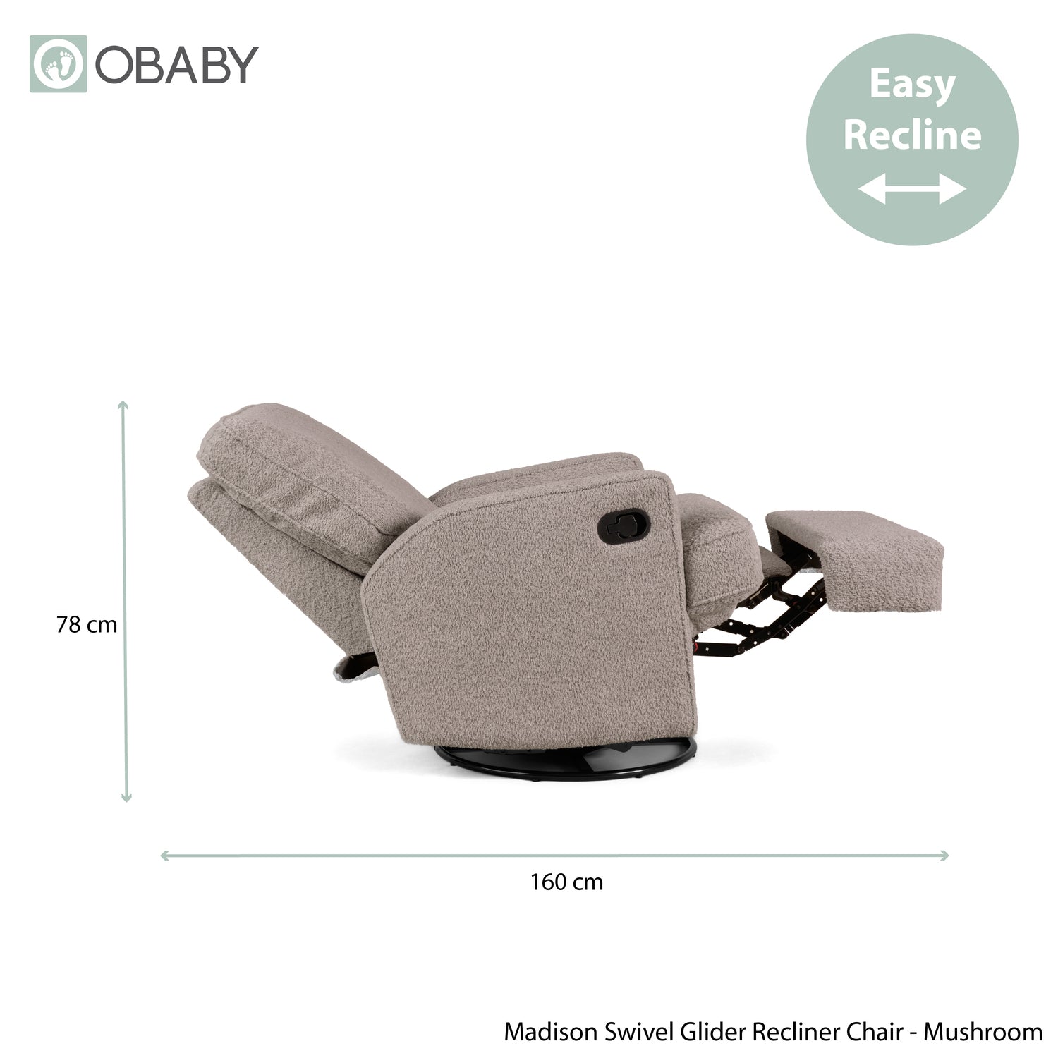 Obaby Madison Glider Recliner Chair in Chenille Mushroom neutral with dimensions in the recline position - Available from Parent Studio