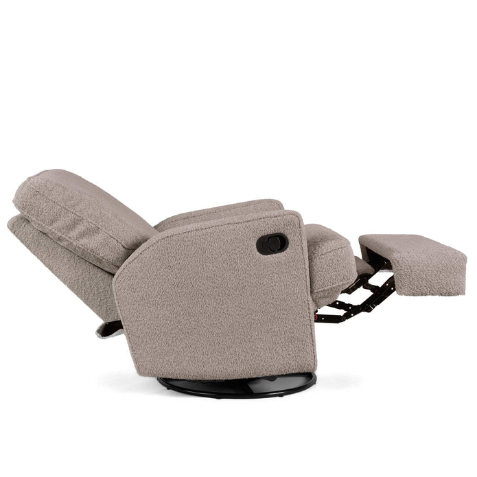 Obaby Madison Glider Recliner Chair in Chenille Mushroom neutral in recline position - Available from Parent Studio