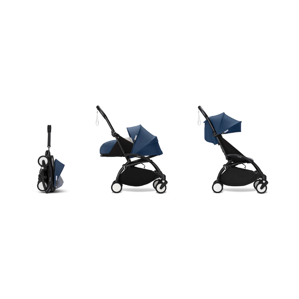 Stokke® YOYO³ stroller with newborn to toddler Black/Air France Blue