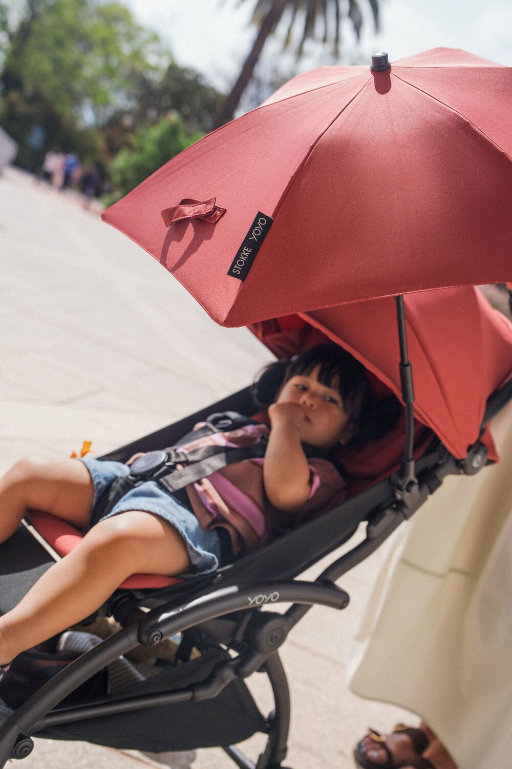 Stokke YOYO stroller parasol in Berry attached to stroller frame - Available at Parent Studio.