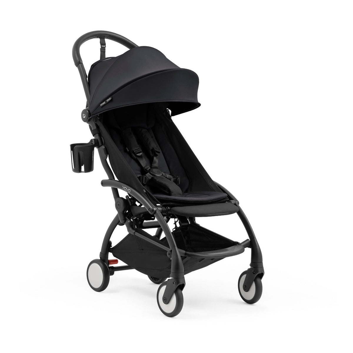 Stokke YOYO cup holder mounted on Black Yoyo5 - Available from Parent Studio