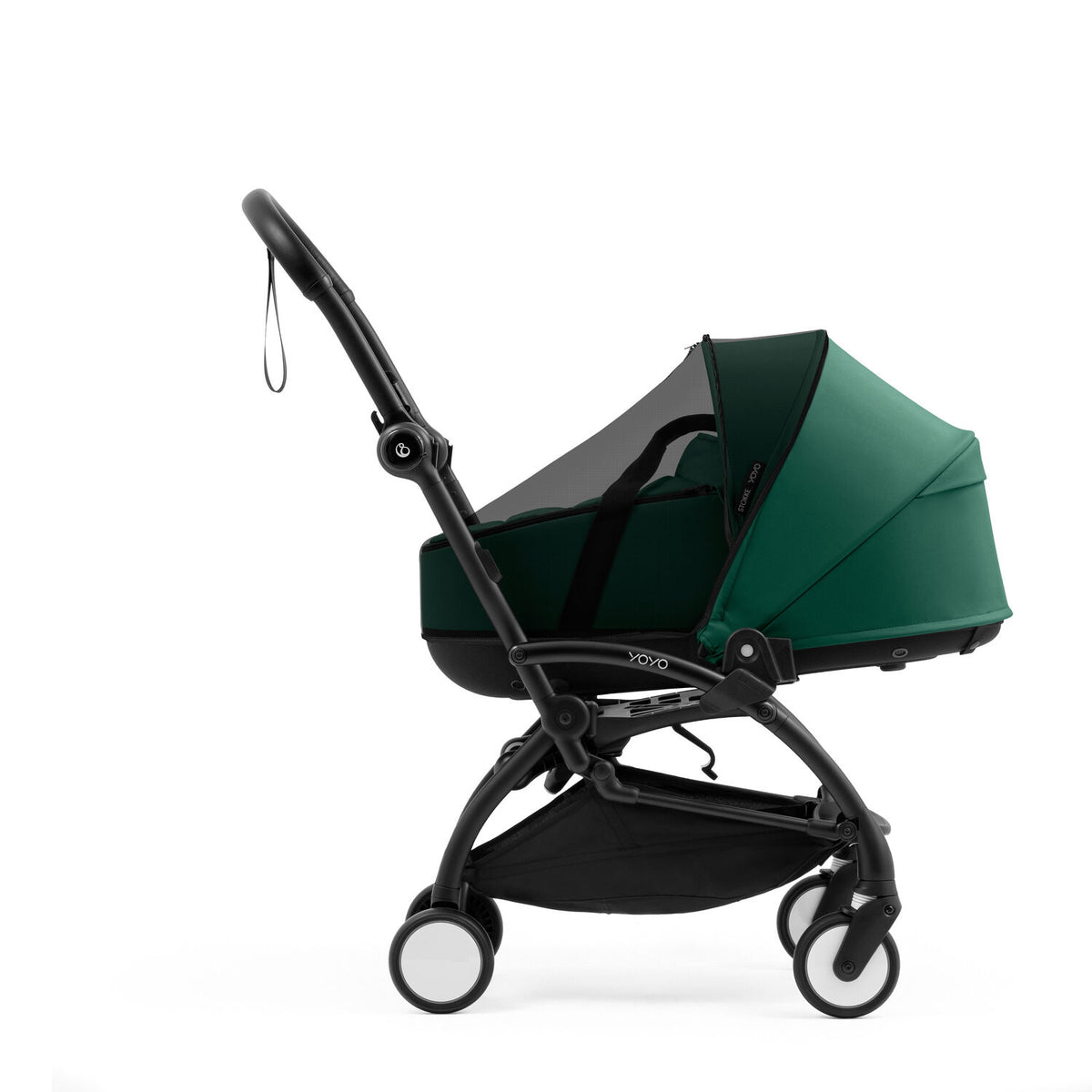 Stokke YOYO Bassinet Mesh Cover fitted tightly over a Forest Green Yoyo5 bassinet - Available from Parent Studio