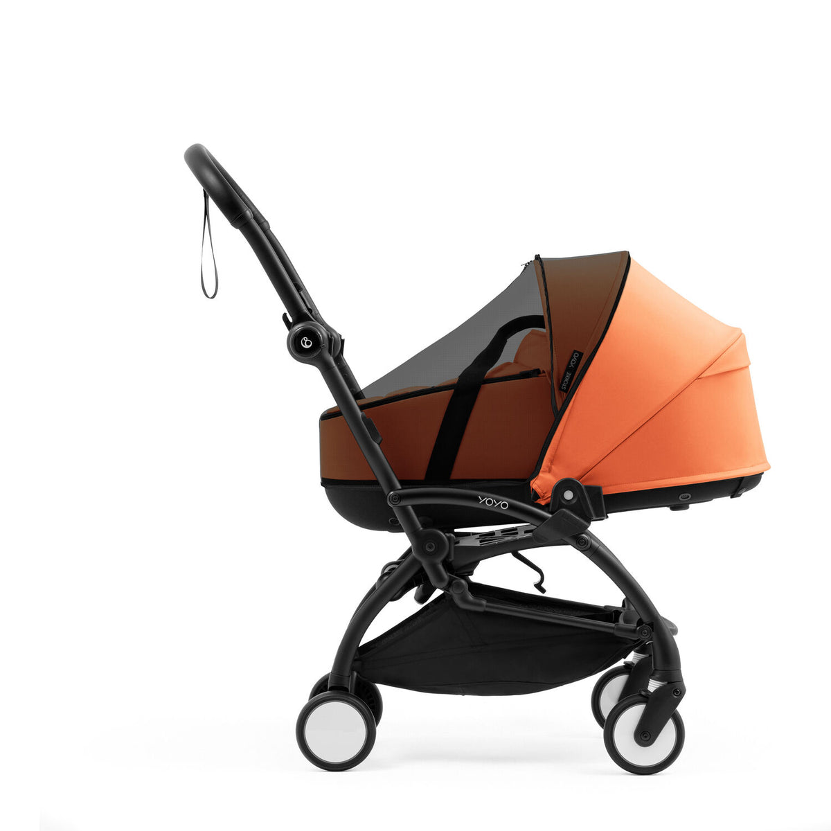 Stokke YOYO Bassinet Mesh Cover fitted tightly over a Peach Yoyo5 bassinet - Available from Parent Studio