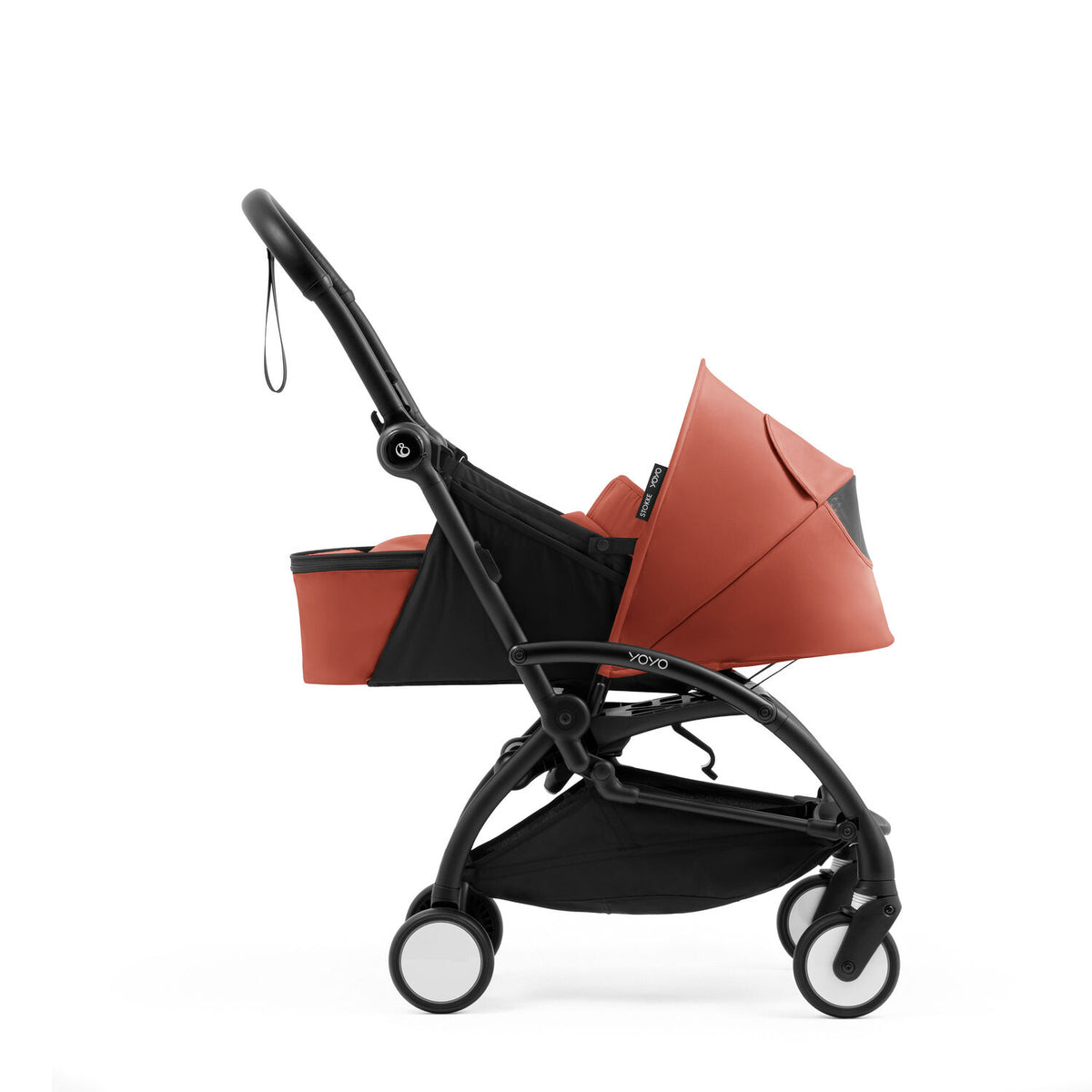 Profile view of a  Stokke YOYO5 stroller fitted with Berry Newborn Pack - Available from Parent Studio
