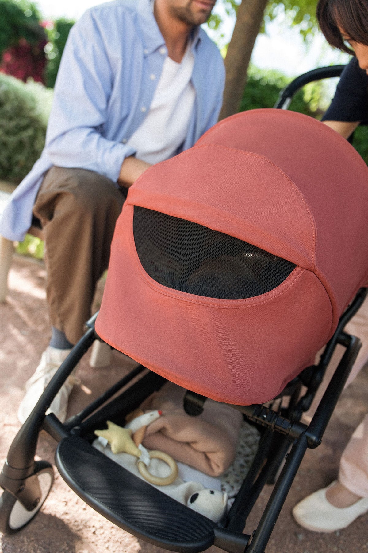 close-up view of a  Stokke YOYO5 stroller fitted with Berry Newborn Pack - Available from Parent Studio