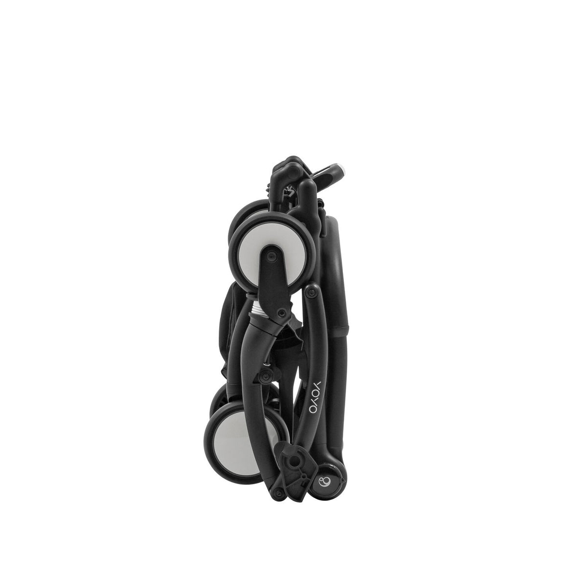 Side view of the ultra-compact Stokke YOYO5 base frame in its fully folded standing position - Available from Parent Studio.