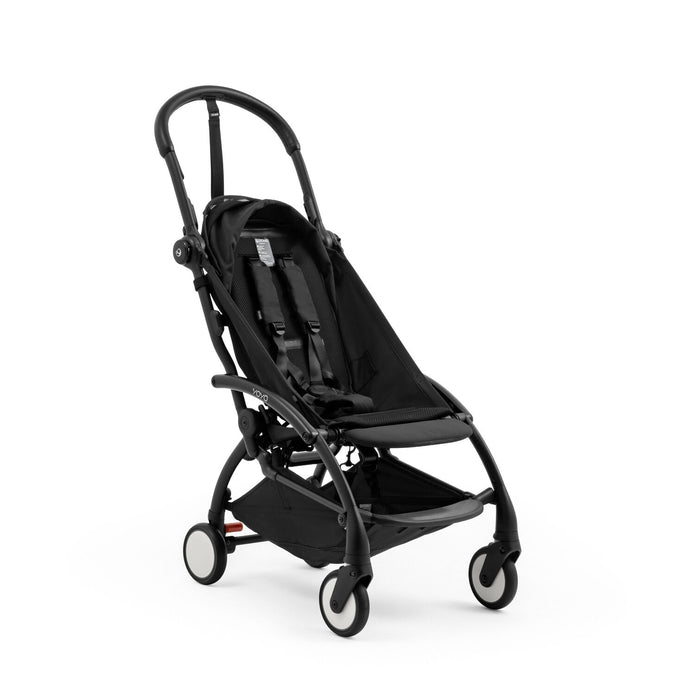Angled detail of the Stokke YOYO5 base fabrics fitted to the base frame with its integrated 5-point harness system - Available from Parent Studio