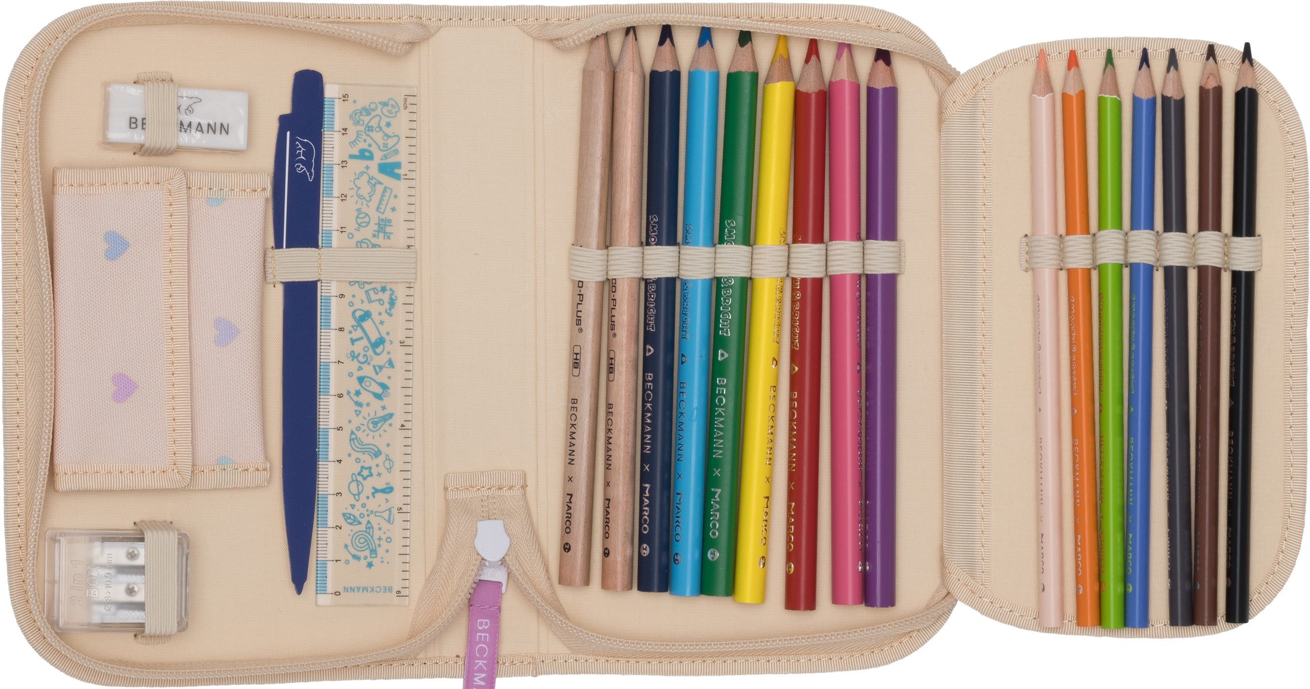 Single section pencil case w/content, Yellow Heart