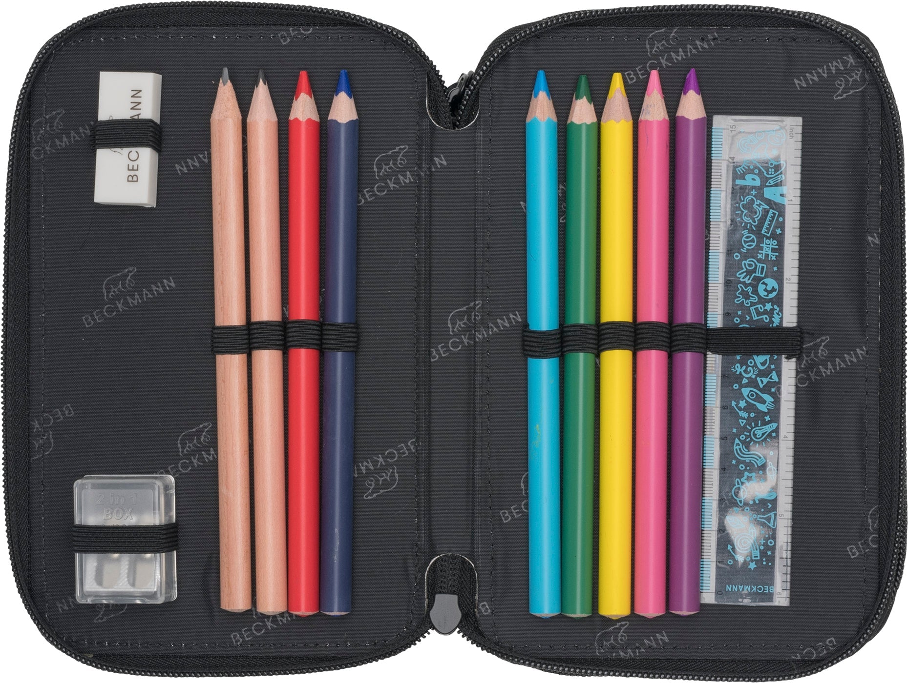 Three section pencil case w/content, Black