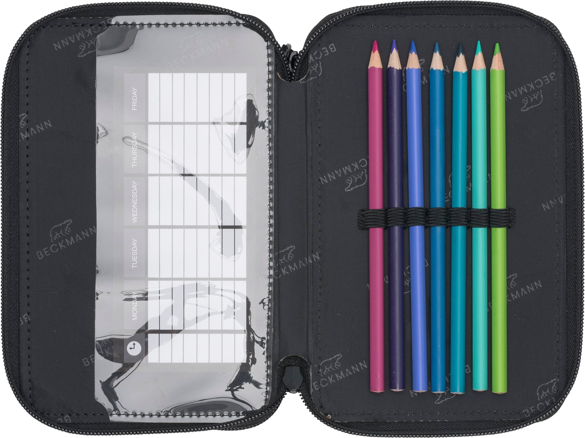Three section pencil case w/content, Black