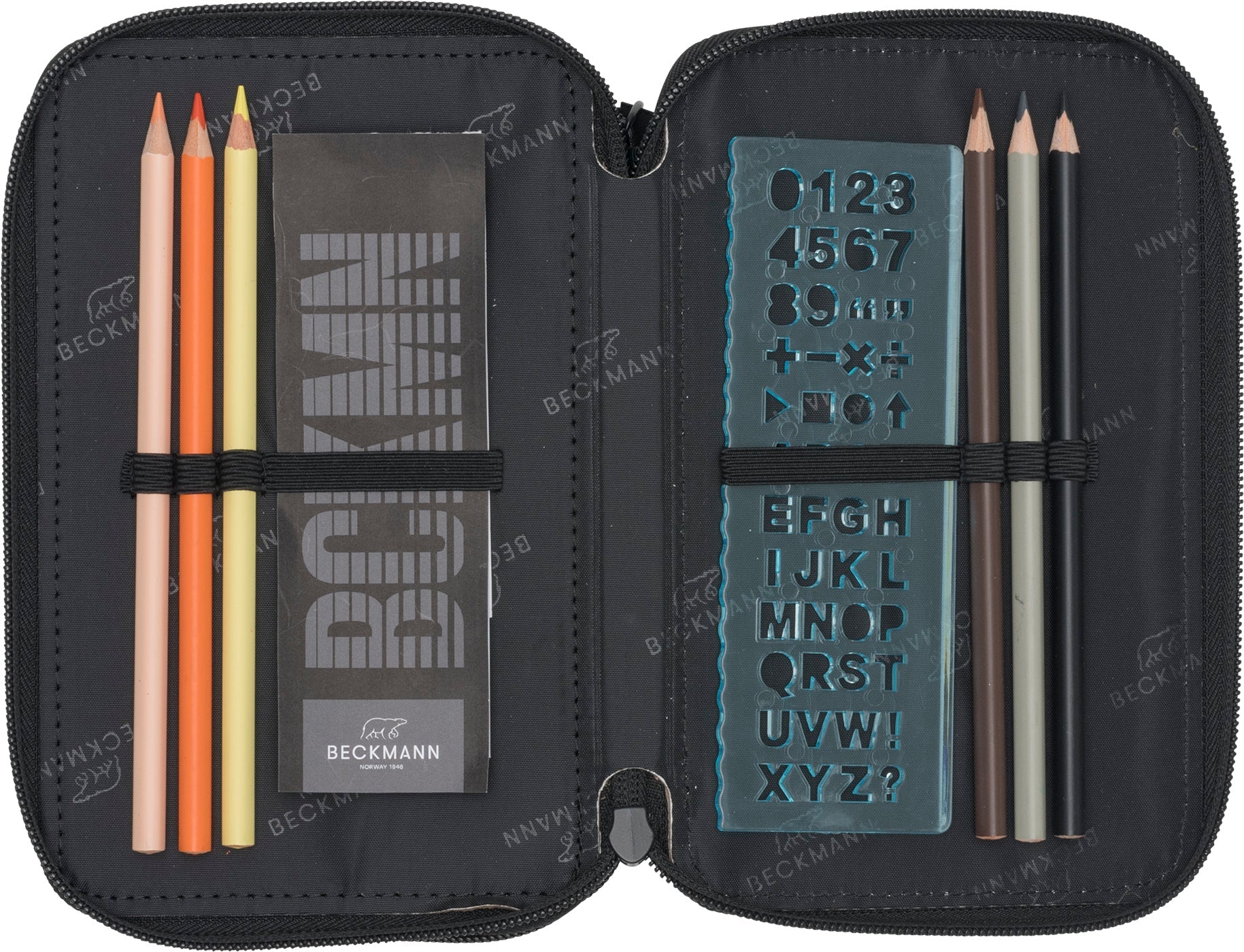 Three section pencil case w/content, Black