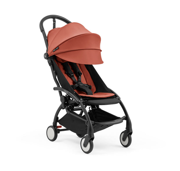 Angle view of Stokke YOYO5 stroller seat pack in Berry attached to Yoyo5 stroller frame - Available at Parent Studio.