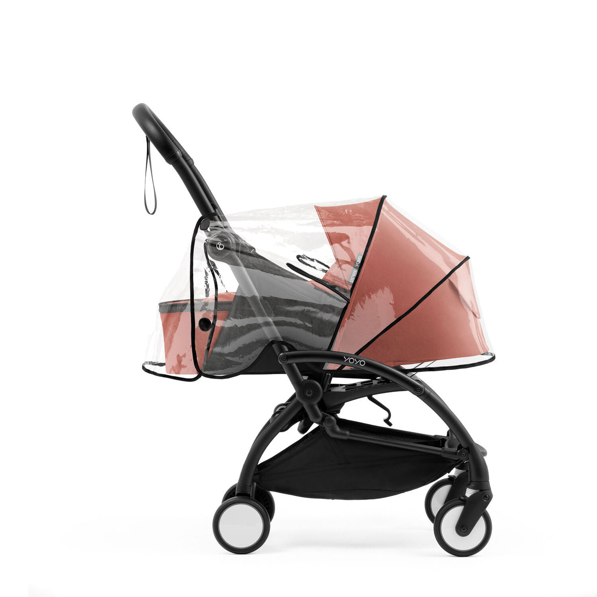 Transparent rain cover secured over a Berry YOYO5 newborn pack on a Yoyo5 base frame - Available from Parent Studio