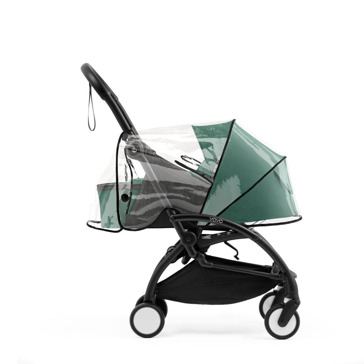 Transparent rain cover secured over a Forest Green YOYO5 newborn pack on a Yoyo5 base frame - Available from Parent Studio