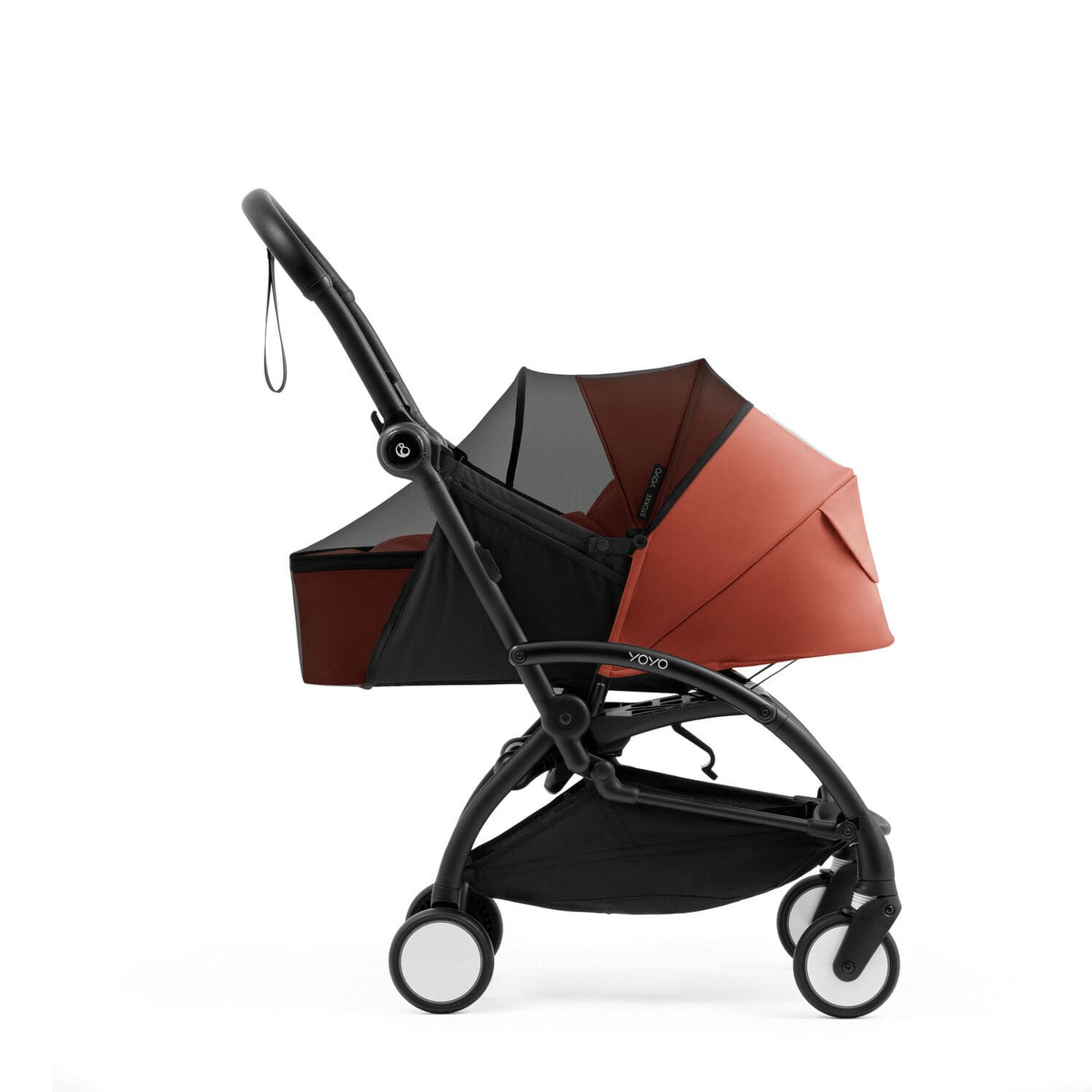 Stokke YOYO newborn pack in Berry fitted with the protective mesh insect cover - Available from Parent Studio