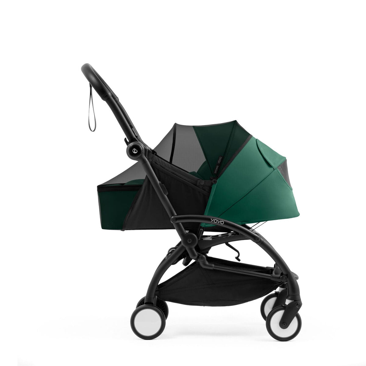 Stokke YOYO newborn pack in Forest Green fitted with the protective mesh insect cover - Available from Parent Studio