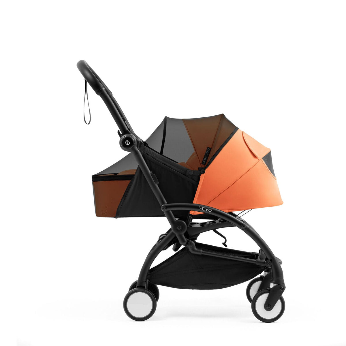 Stokke YOYO newborn pack in Peach fitted with the protective mesh insect cover - Available from Parent Studio