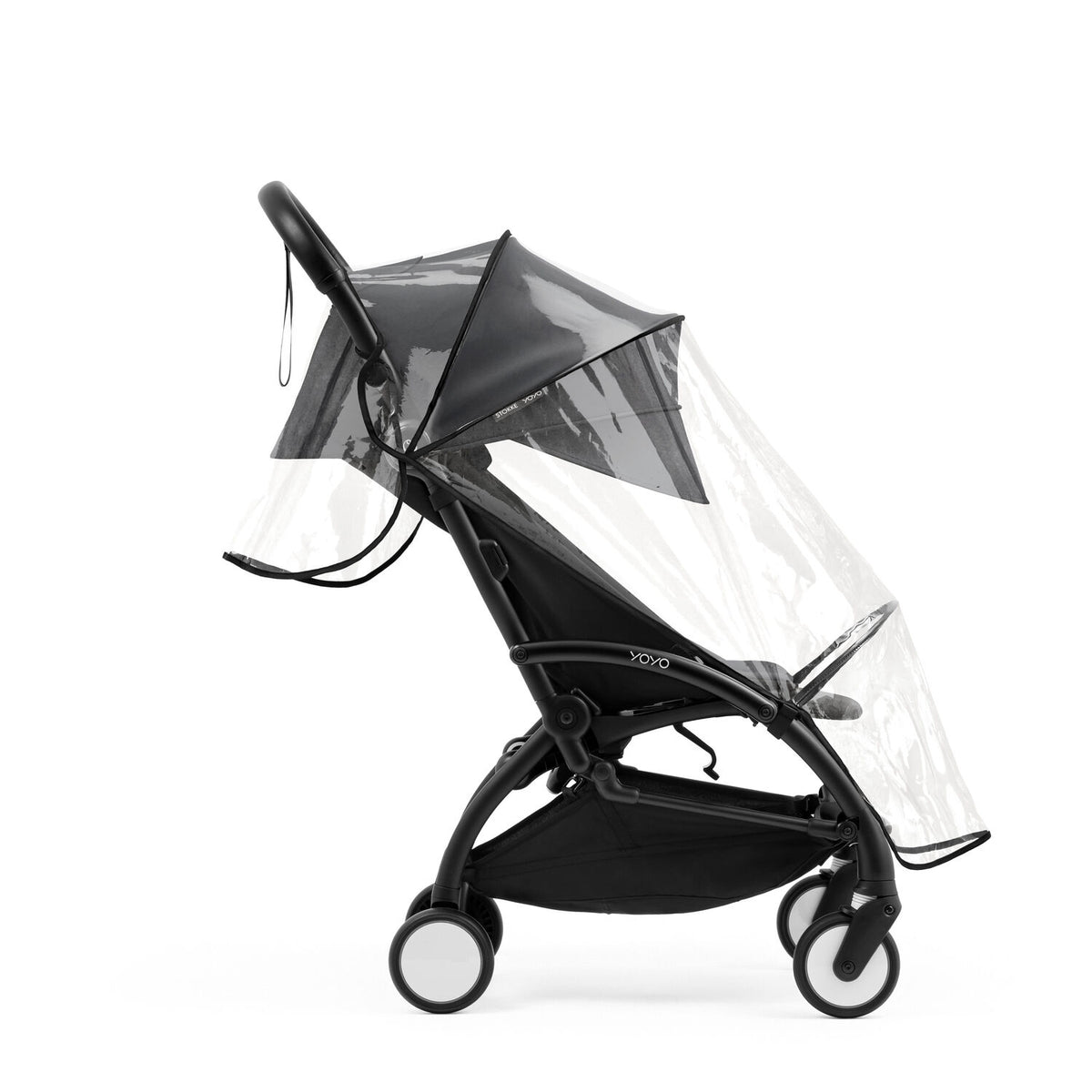Clear Stokke YOYO seat pack rain cover fitted securely over a Black Yoyo5 seat pack and hood - Available from Parent Studio