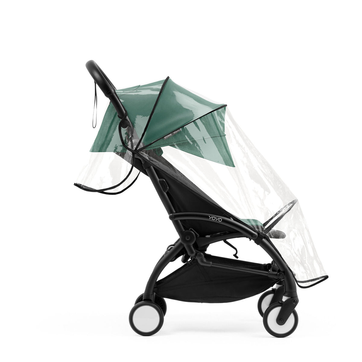 Clear Stokke YOYO seat pack rain cover fitted securely over a Forest Green Yoyo5 seat pack and hood - Available from Parent Studio