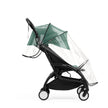 Clear Stokke YOYO seat pack rain cover fitted securely over a Forest Green Yoyo5 seat pack and hood - Available from Parent Studio
