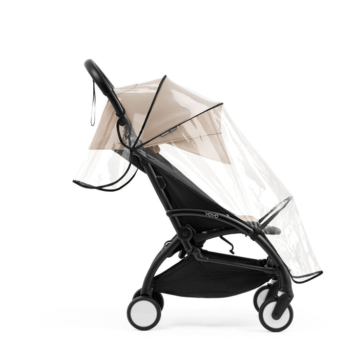 Clear Stokke YOYO seat pack rain cover fitted securely over a Taupe Yoyo5 seat pack and hood - Available from Parent Studio