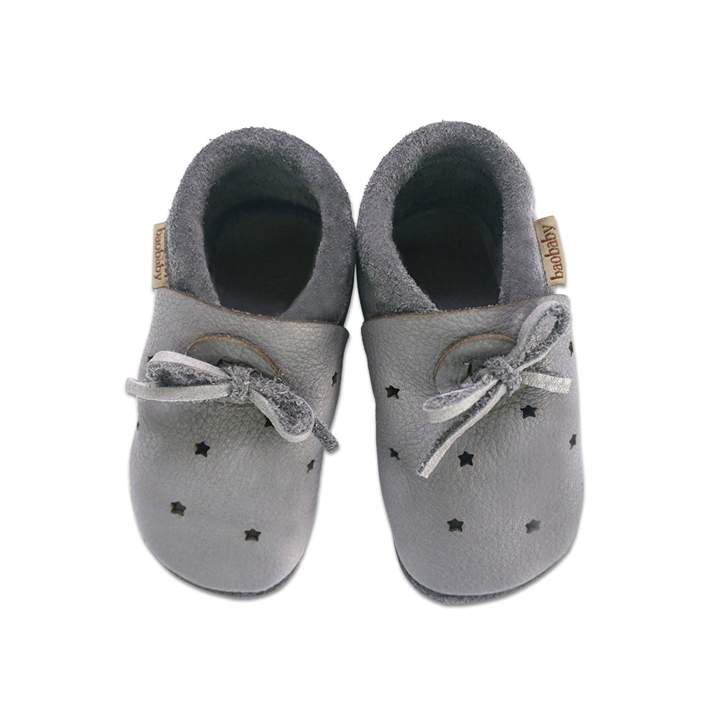 Baobaby Soft Sole Baby Shoes, Sandals, Stars Grey - Parent Studio