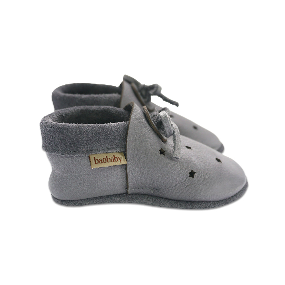 Baobaby Soft Sole Baby Shoes, Sandals, Stars Grey - Parent Studio