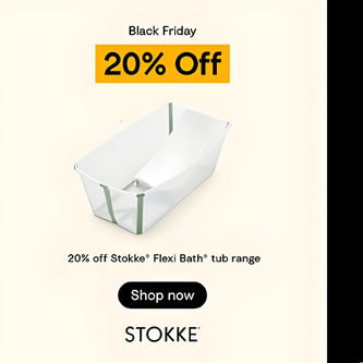 Stokke Flexi Bath tub with Black Friday discount text on a beige background