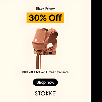Stokke Limas carriers with Black Friday discount on a beige background