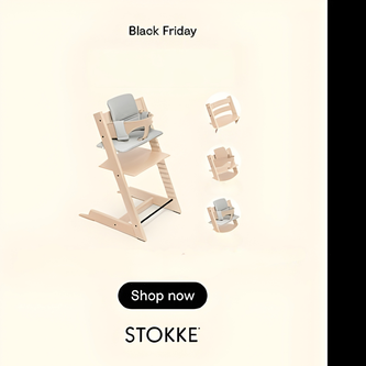 Stokke Tripp trapp high chair set with accessories on a beige background, promoting Black Friday sale.