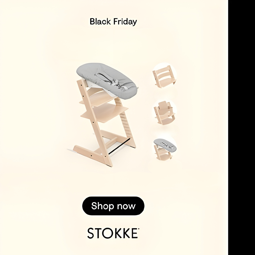 Stokke Tripp trapp high chair with accessories on a beige background, promoting Black Friday sale.