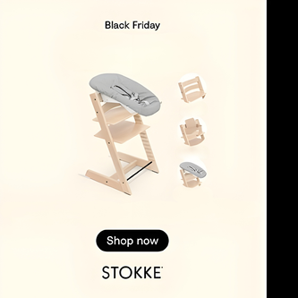 Stokke Tripp trapp high chair with accessories on a beige background, promoting Black Friday sale.
