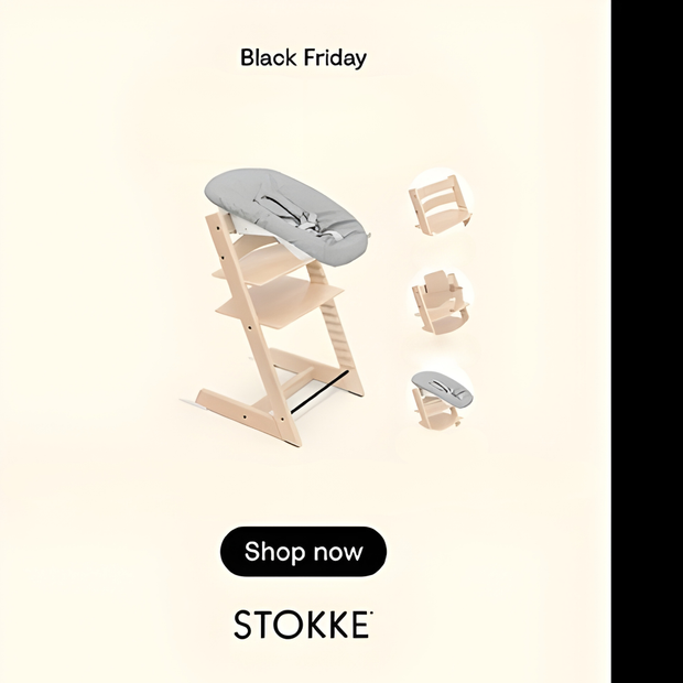 Stokke Tripp trapp high chair with accessories on a beige background, promoting Black Friday sale.