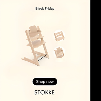 Stokke Tripp Trapp high chair set with 'Black Friday' text and 'Shop now' button on a light beige background.