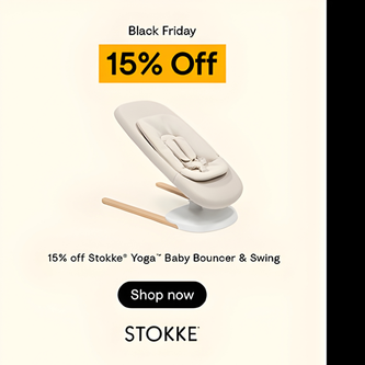 Stokke Yoga Baby Bouncer & Swing with Black Friday discount text on a beige background