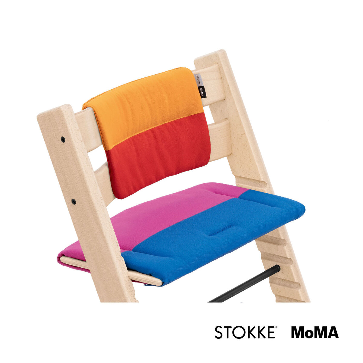 Side profile close-up of the Stokke Tripp Trapp Cushion MoMA Edition fitted on a Tripp Trapp chair, available from Parent Studio.
