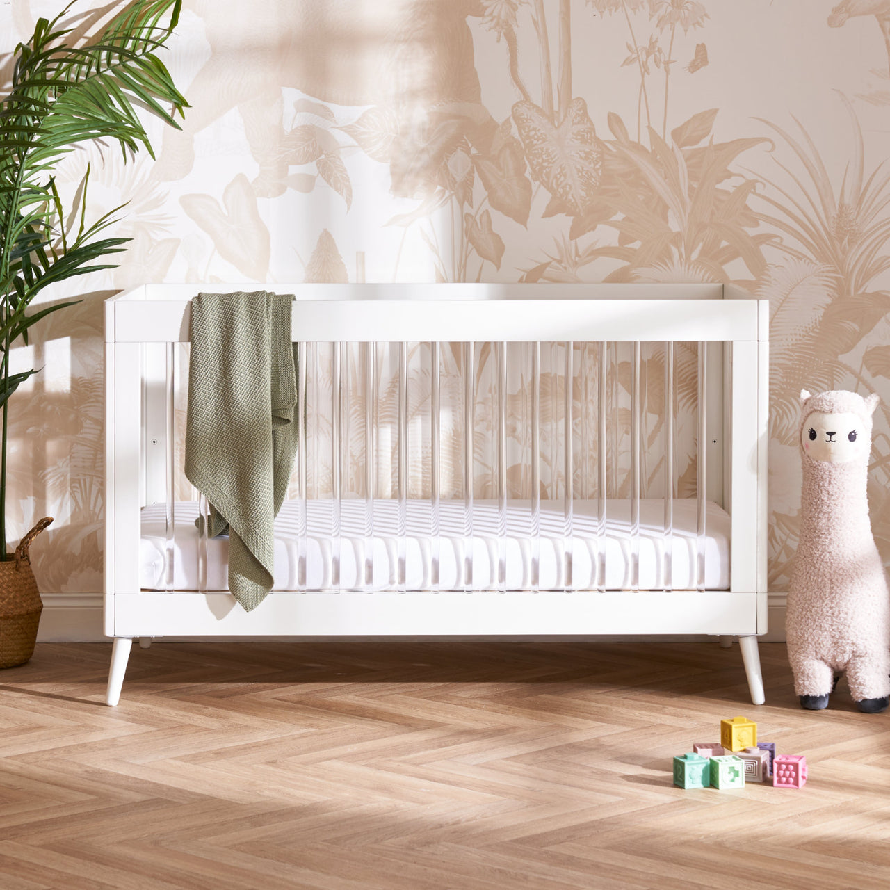 Obaby Maya Scandi Cot Bed White with Acrylic Parent Studio