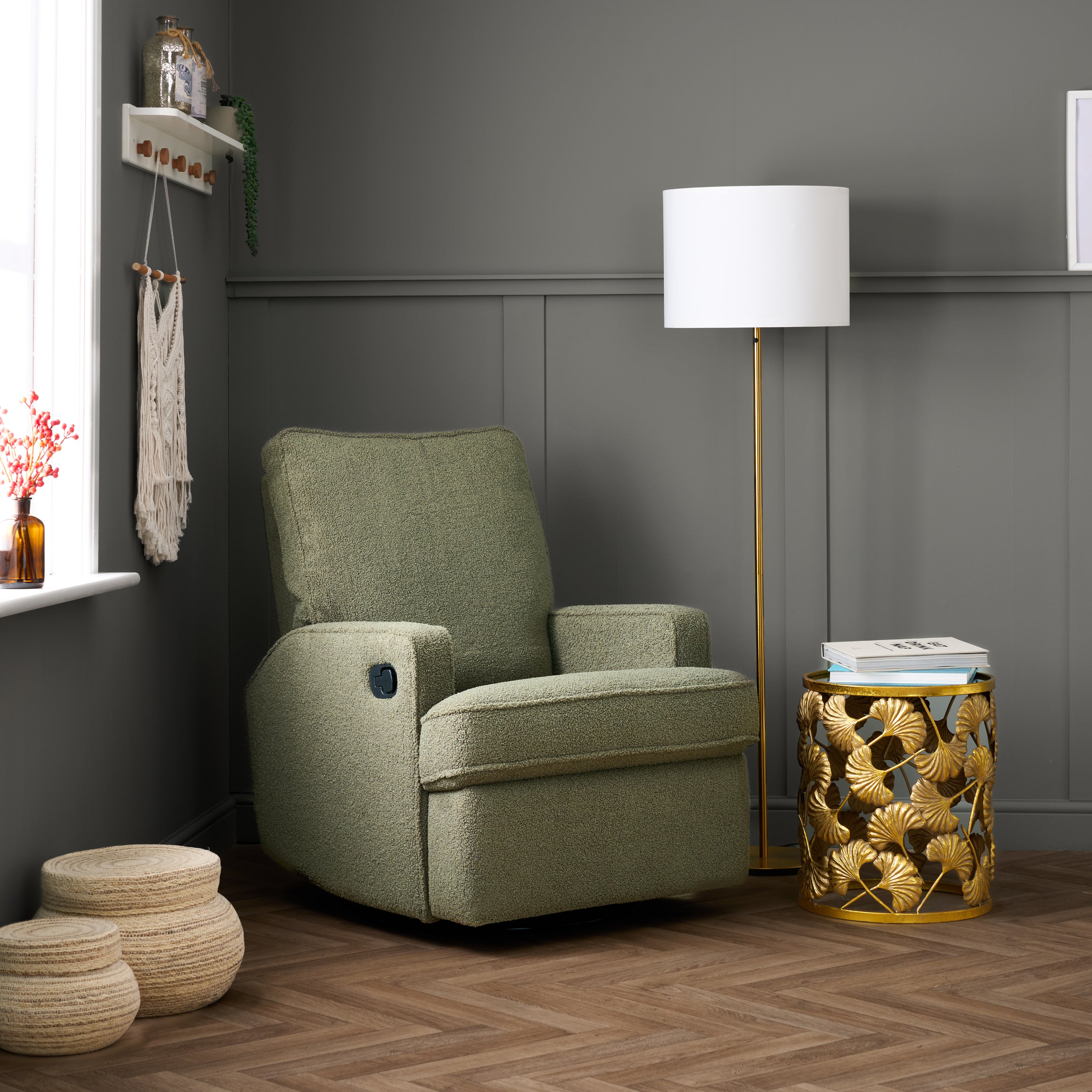 Obaby Madison Swivel Glider Recliner Chair - Teddy Fabric Olive