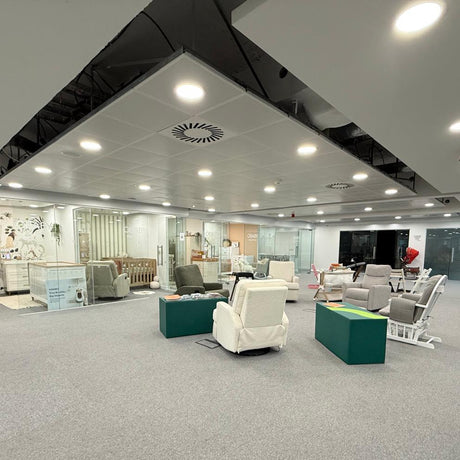 Modern Studio lobby with seating area and glass nursery rooms