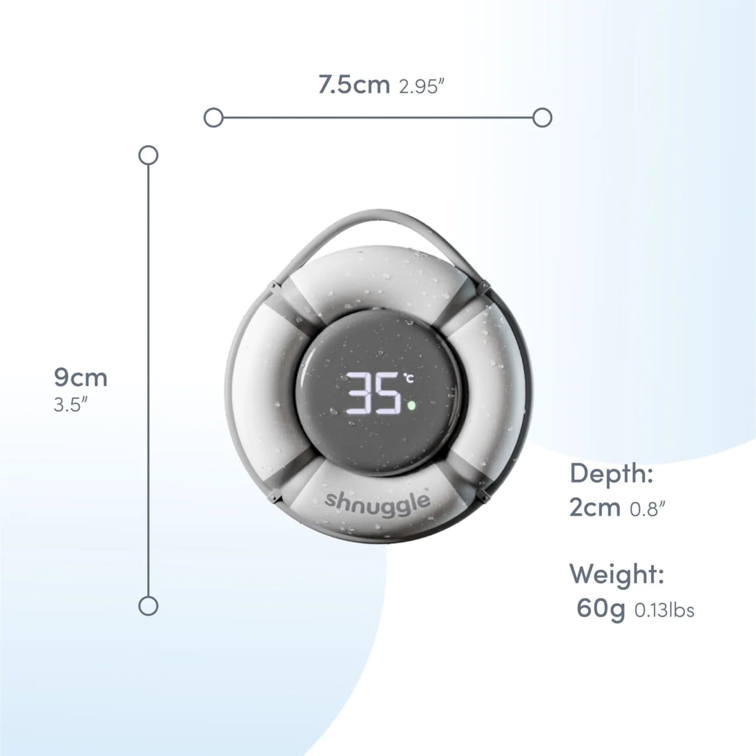 Dimensions diagram of the Shnuggle Bobbin Buoy Digital Bath Thermometer showing compact 60g upright buoy measurements — Available from Parent Studio.