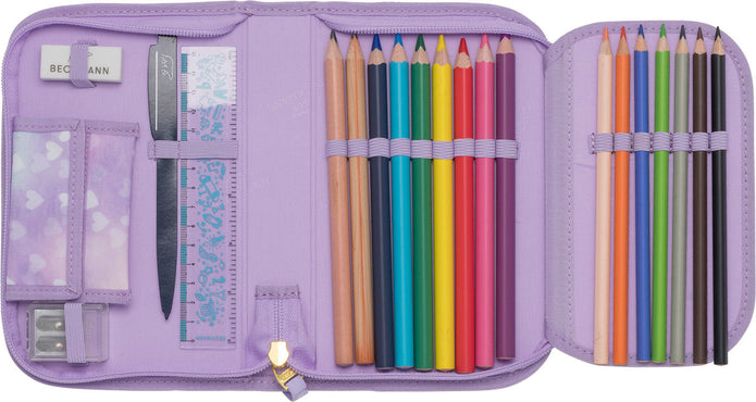 Single section pencil case w/content, Unicorn Princess Purple